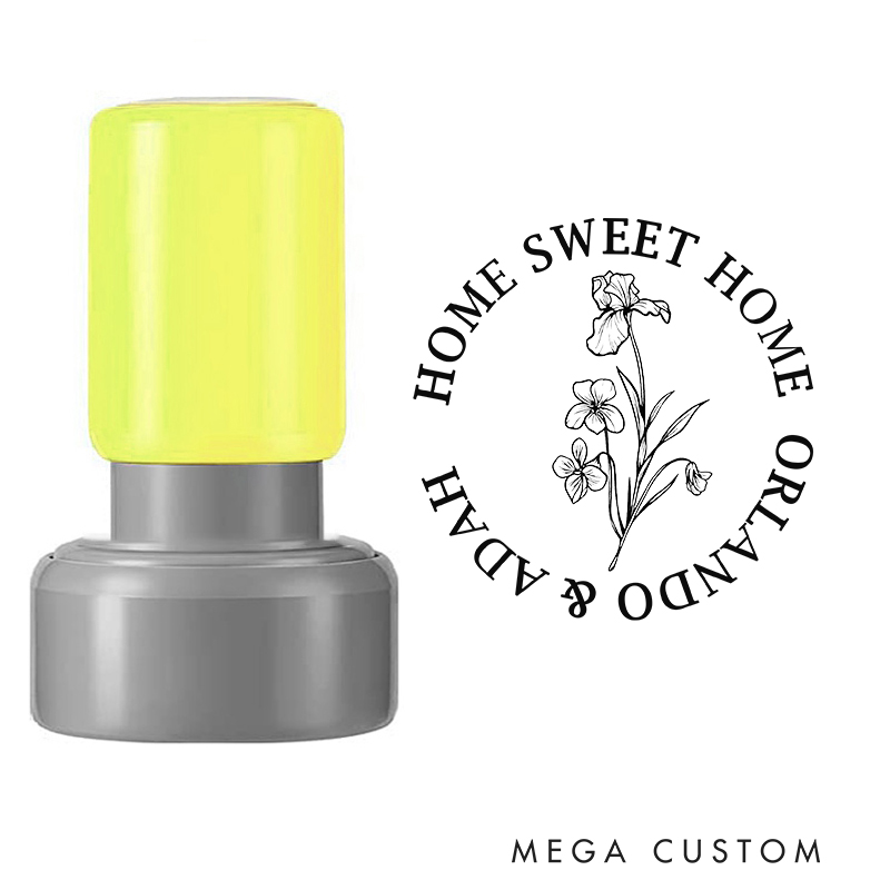 Personalized Round Housewarming Stamp Home Sweet Home Design February Birth Flower Violet Custom Names Decorative Stamp for New Homeowners and Gifts