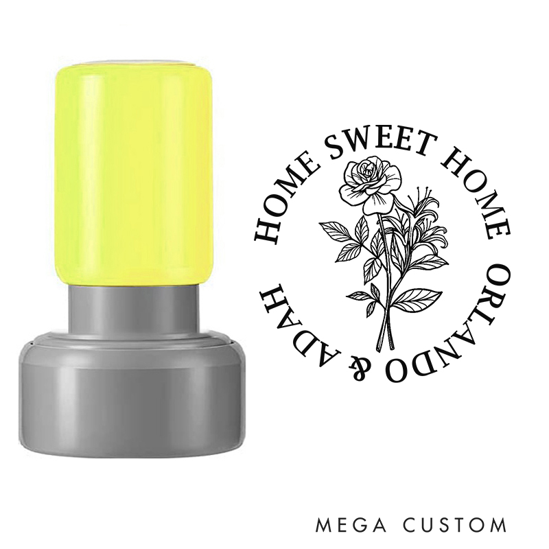 Personalized Housewarming Stamp Home Sweet Home Design June Birth Flower Rose and Honeysuckle Custom Names Decorative Stamp for New Homeowners