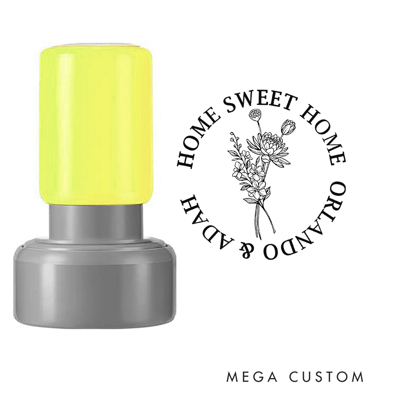 Personalized Housewarming Stamp Home Sweet Home Design June Birth Flower Rose and Honeysuckle Custom Names Decorative Stamp for New Homeowners Gifts
