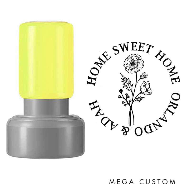 Personalized Stamp Home Sweet Home Design August Birth Flower Poppy and Gladiolus Custom Names Decorative Stamp for New Homeowners Gifts