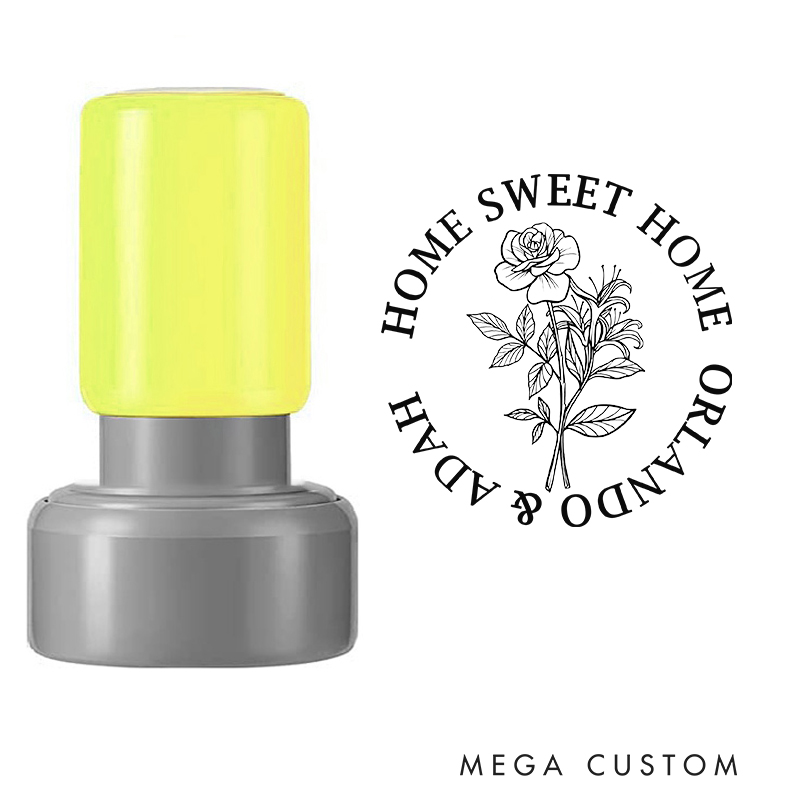 Personalized Round Housewarming Stamp Home Sweet Home Design October Birth Flower Marigold Custom Names Decorative Stamp for New Homeowners Gifts