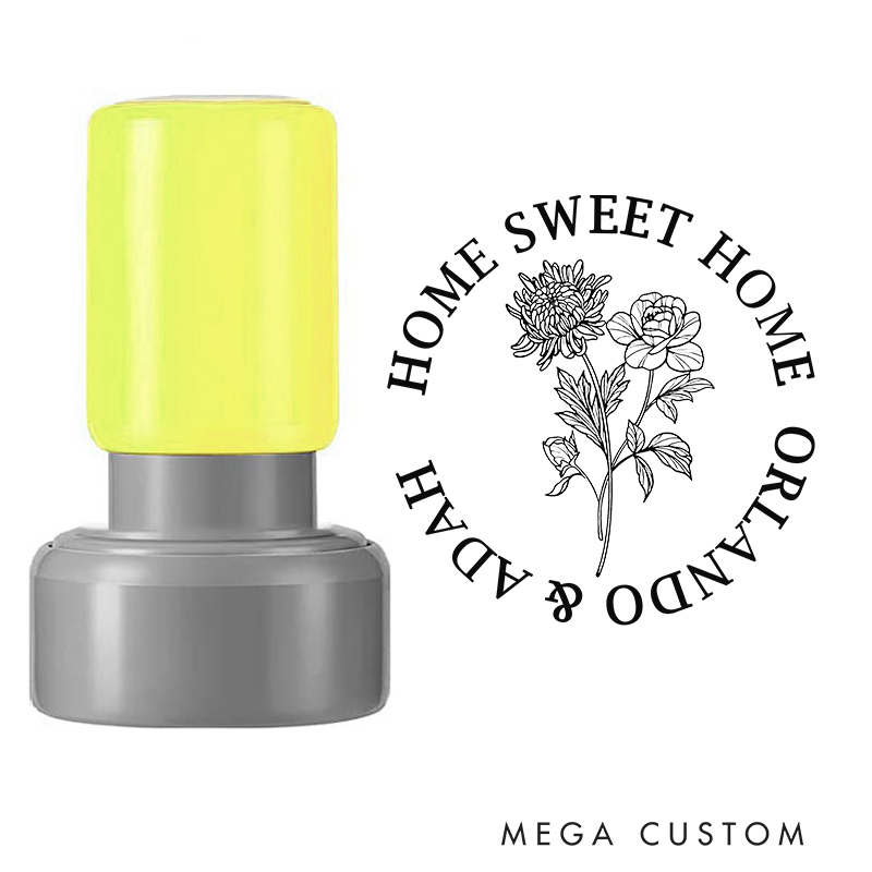 Personalized Round Housewarming Stamp Home Sweet Home Design November Birth Flower Chrysanthemum Custom Names Decorative Stamp for New Homeowners Gift