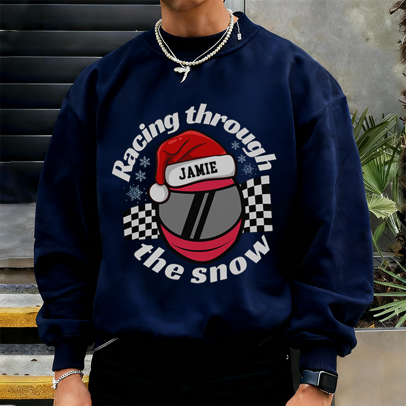 Personalized Christmas Sweatshirt Racing Through the Snow Design Sweatshirt Gift for Racers and Racing Lovers 