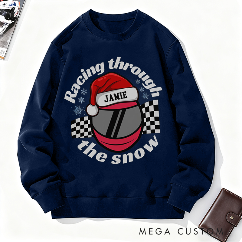 Personalized Christmas Sweatshirt Racing Through the Snow Design Sweatshirt Gift for Racers and Racing Lovers 