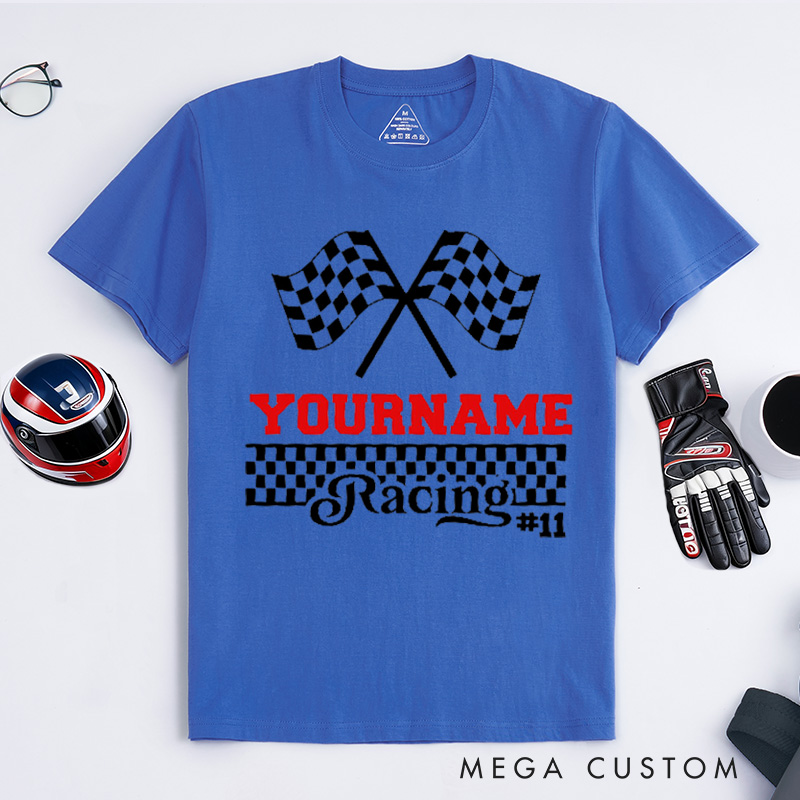 Personalized Racing Checkered Flag T-Shirt Custom Name and Number Race Team Tee Gift for Racers and Racing Lovers
