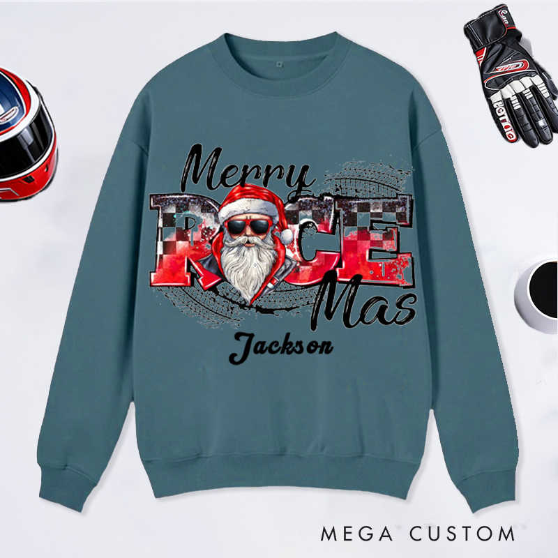Personalized Merry Race Mas Sweatshirt Custom Name Racing Santa Christmas Pullover Gift for Racers and Racing Lovers