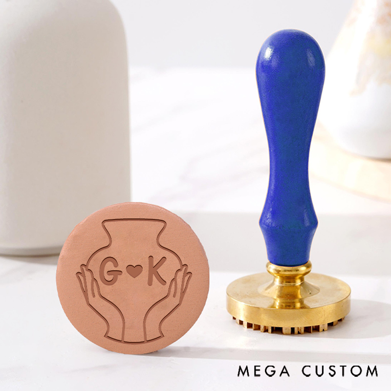 Personalized Clay Pottery Stamp Gift for Pottery Lovers with Line Hands and Custom Initials