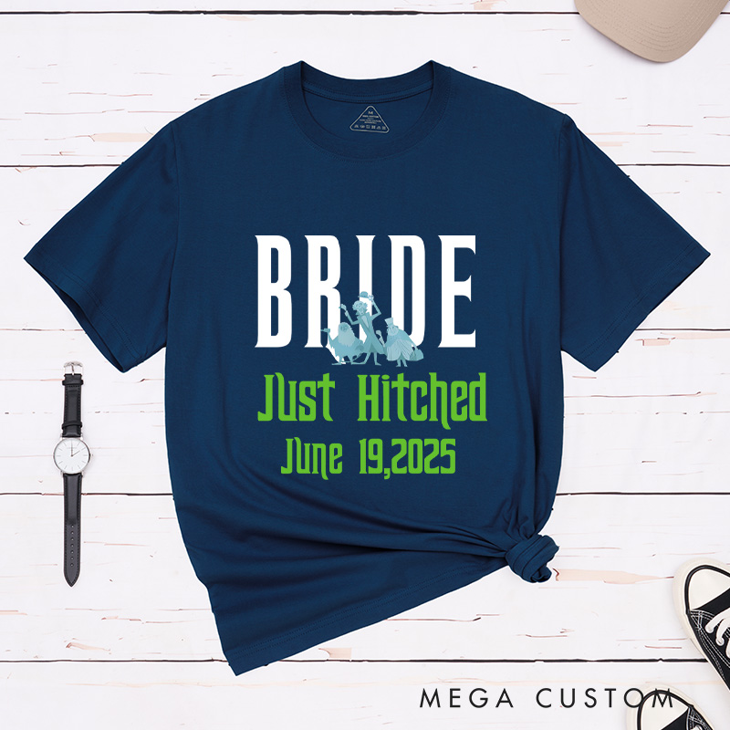 Personalized Playful Just Hitched Bride and Groom Wedding Couple Classic T-Shirt