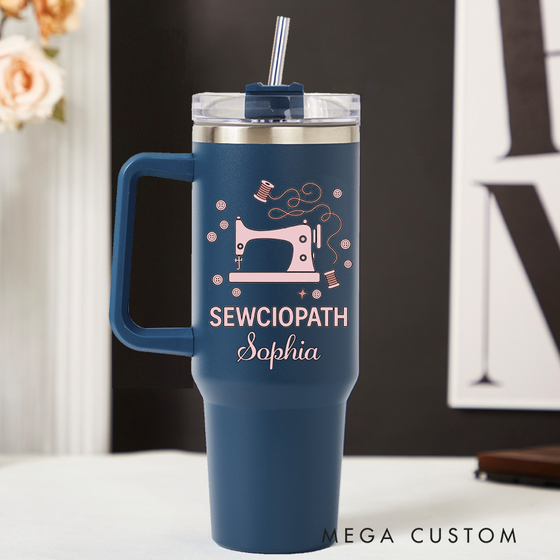 Personalized 40oz Tumbler with Handle Pink Sewciopath Tumbler and Custom Name