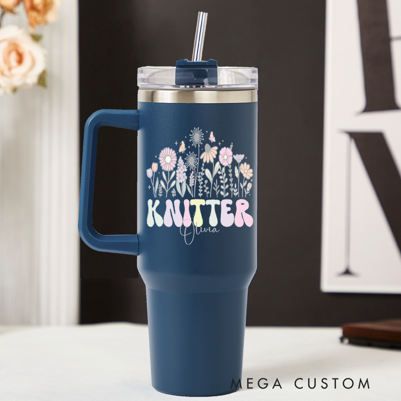 Personalized 40oz Tumbler with Handle Floral Knitter and Custom Name