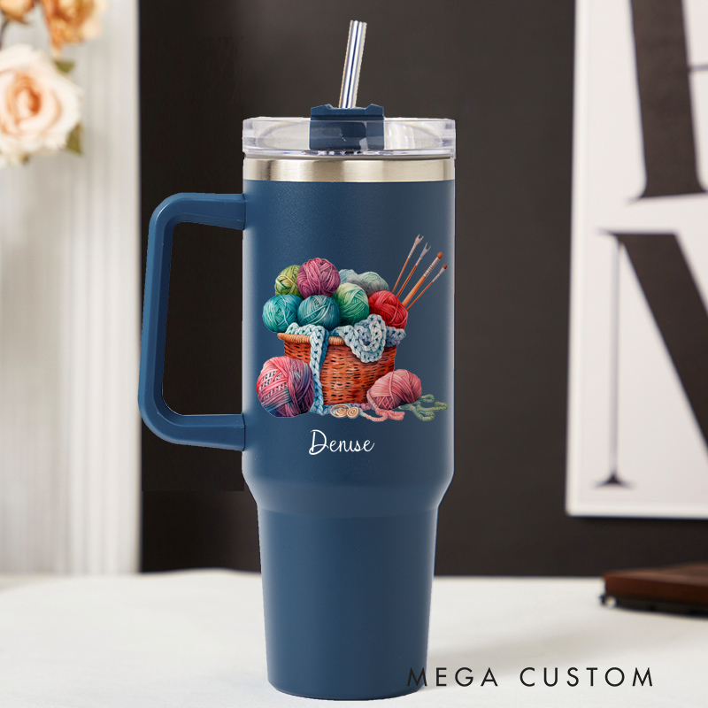 Personalized 40oz Tumbler with Handle Yarn Basket and Custom Name