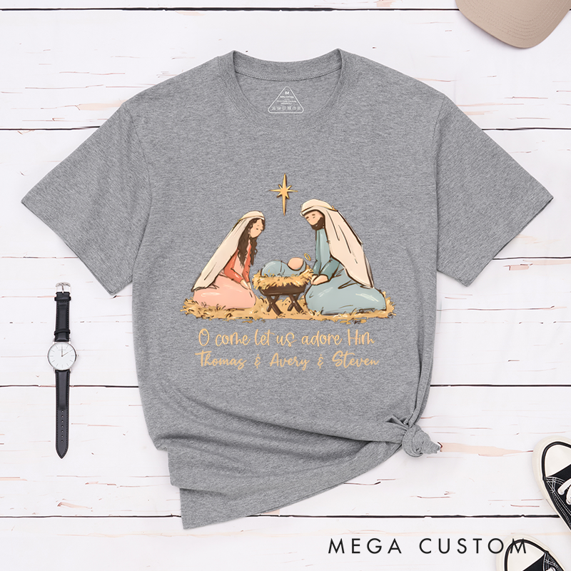 Personalized Classic T-Shirts O Come Let Us Adore Him Nativity Scene Inspirational T-Shirt