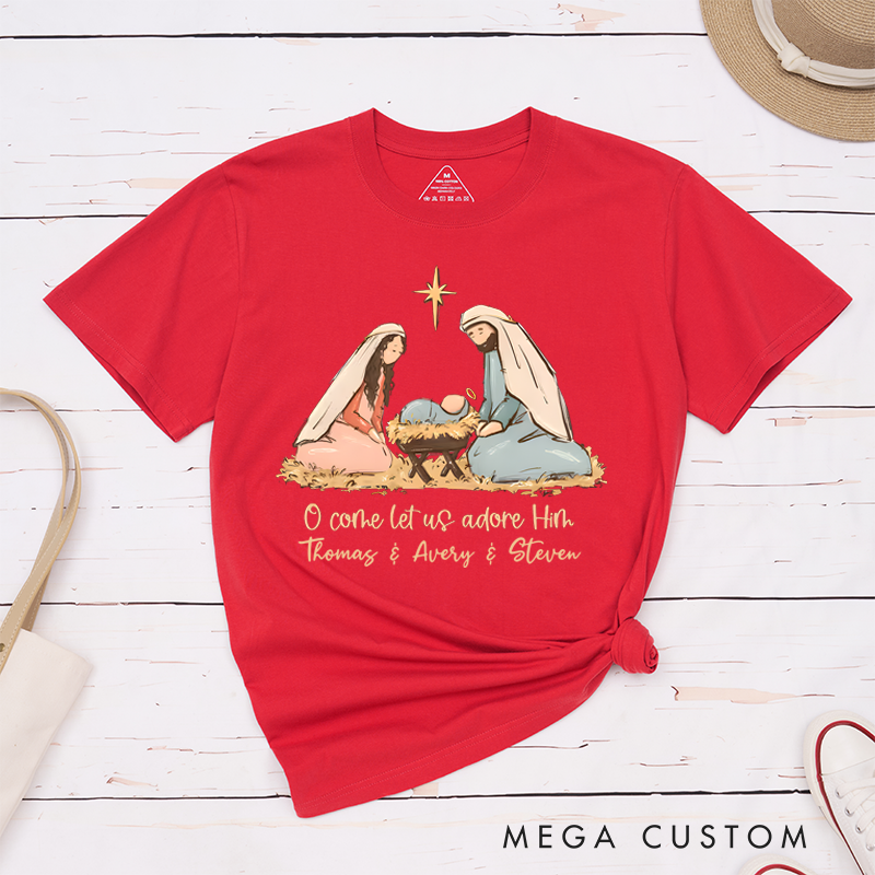 Personalized Classic T-Shirts O Come Let Us Adore Him Nativity Scene Inspirational T-Shirt
