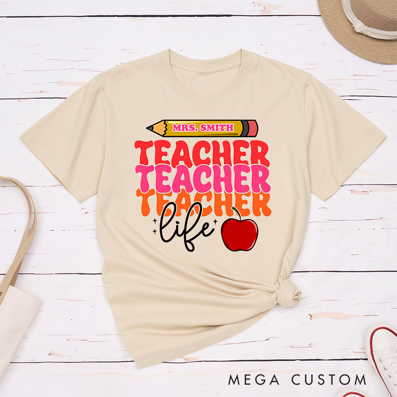 Personalized Teacher Life Bold Multicolor Text Design with Heart and Whimsy T-Shirts