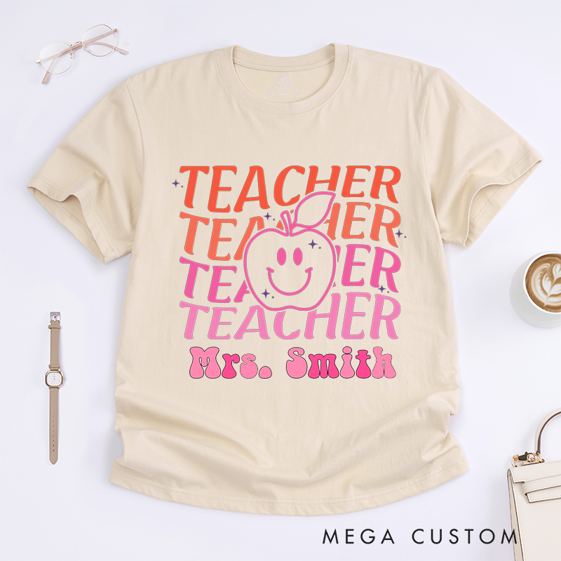 Personalized T-Shirts Smiley Apple Retro Teacher Shirt Gift for Teachers
