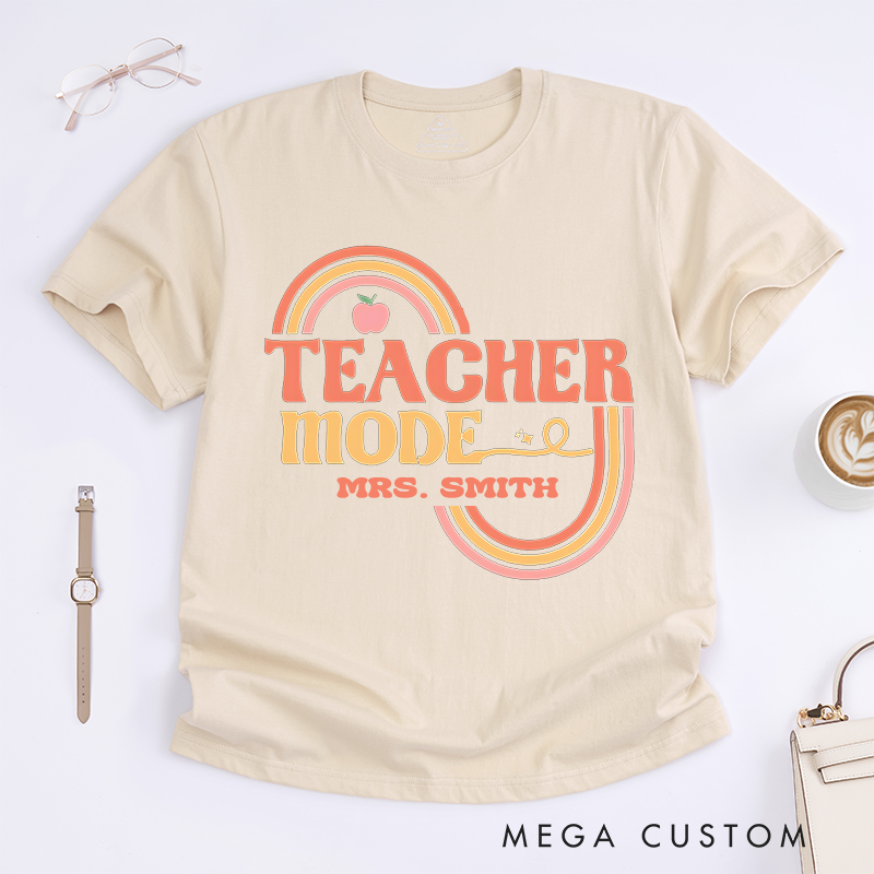 Personalized T-Shirts Teacher Mode Retro Rainbow Shirt Stylish and Fun Gift for Teachers