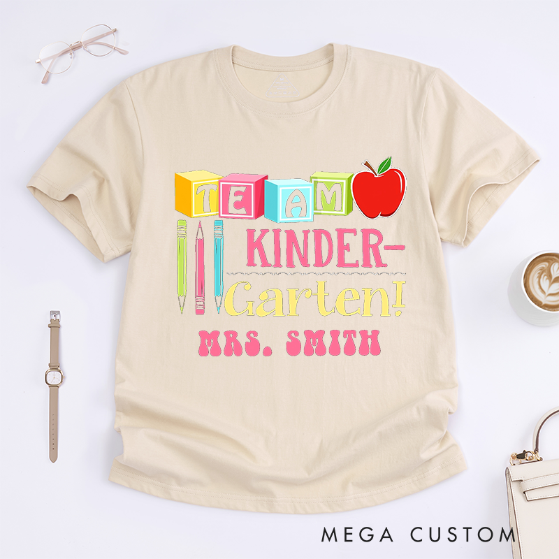Personalized Teacher T-Shirts Team Kindergarten Colorful Blocks Apple and Pencil Shirt Gift for Teachers