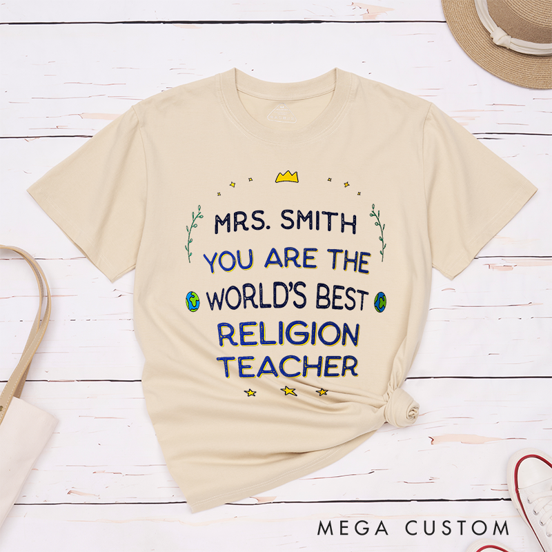 Personalized Teacher T-Shirts You Are the World's Best Religion Teacher Crown and Star Accents Gift for Teachers