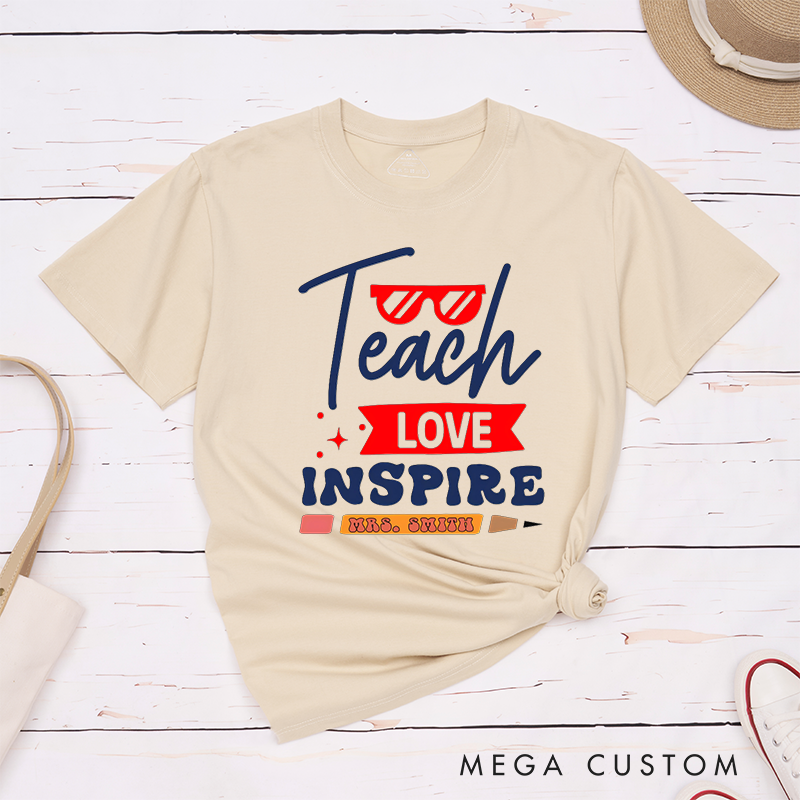 Personalized Teacher T-Shirts Teach Love Inspire Red and Blue Theme with Glasses and Pencil Accents Gift for Teachers