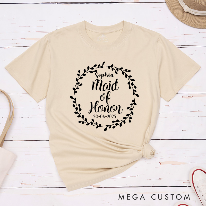 Personalized Bride with Wreath and Date Matching T-Shirt Bridesmaid T-Shirt Maid of Honor Wedding T-Shirt Bachelorette Party T-Shirt Hen Party Gift