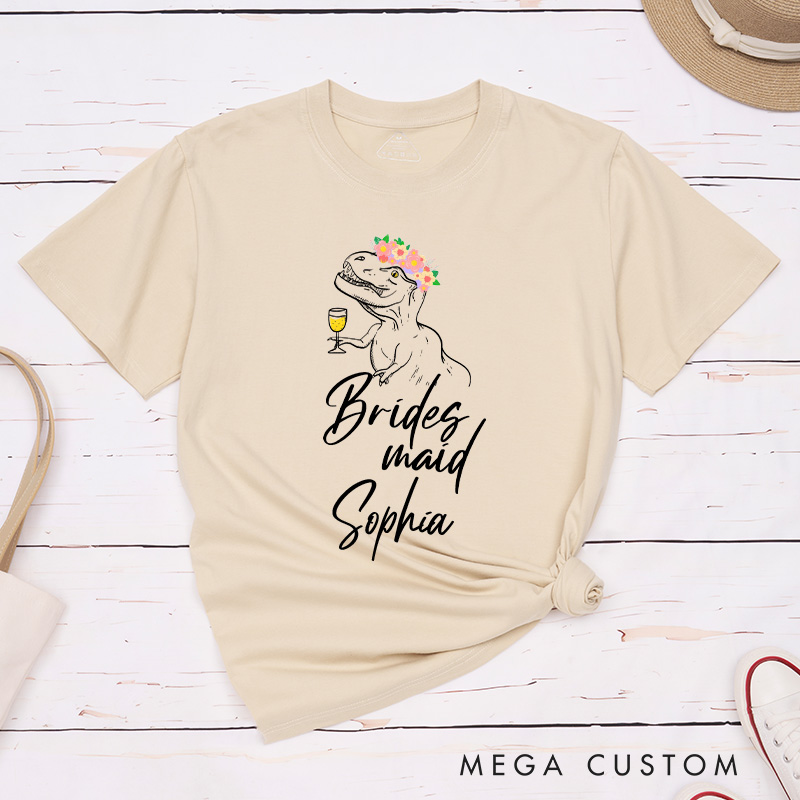 Personalized Bride Floral Crown Dinosaur with Drink Matching T-Shirt Bridesmaid T-Shirt Maid of Honor Wedding Day T-Shirt Bachelorette Party Gift