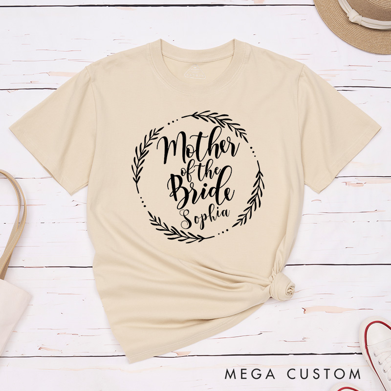 Personalized Elegant Mother of the Bride Leaf Wreath Matching T-Shirt Mother of the Groom T-Shirt MOG MOB Wedding Day T-Shirt Bachelorette Party Gift