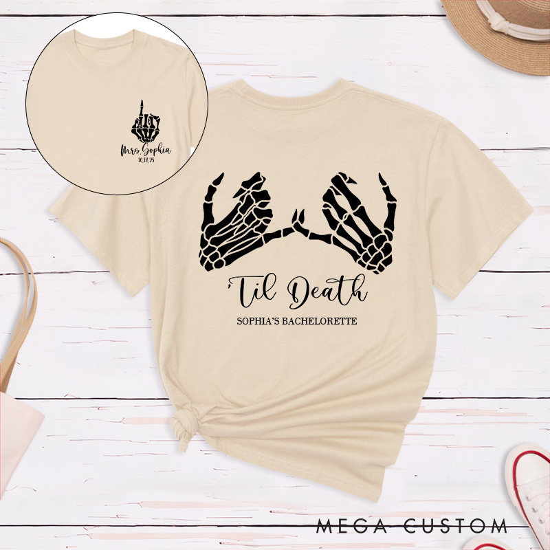 Personalized Funny Bride Skull Hand with Ring Halloween Matching T-Shirt Mrs. Bride ‘Til Death T-Shirt Wedding Bachelorette Party Gift