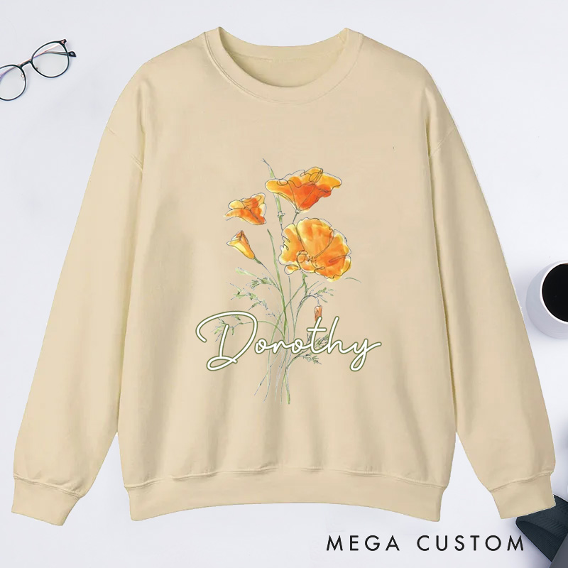 Personalized Golden Poppy Classic Sweatshirts Wildflower Sweatshirt with Name Botanical Sweatshirt Plant Lover Gift Gardening Gift for Gardener