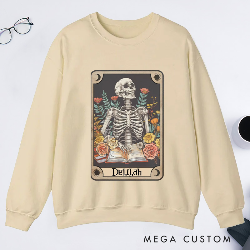 Personalized The Reader Tarot Card Classic Sweatshirts Skeleton Reading Sweatshirt with Name Book Lover Gift Librarian Gift