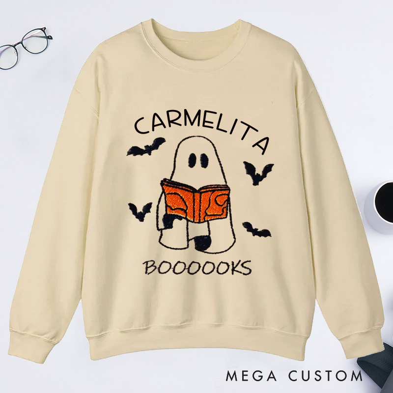 Personalized Booooks Classic Sweatshirts Custom Halloween Sweatshirt with Name Ghost Reading Halloween Gift Book Lovers Gift Librarian Gift