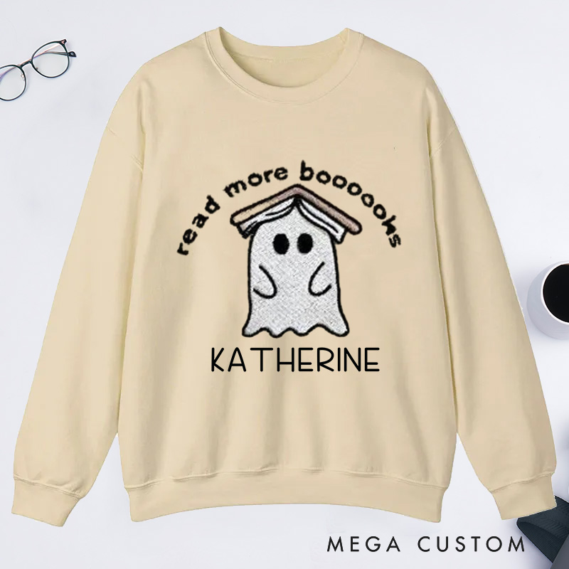 Personalized Ghost Book Classic Sweatshirts Fall Spooky Season Sweatshirt Reading Ghost Sweatshirt Book Lovers Gift Halloween Gift