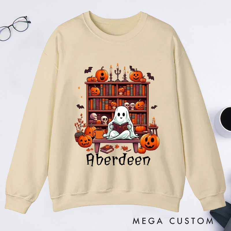 Personalized Ghost Book Reader Classic Sweatshirts Halloween Sweatshirt Bookish Sweatshirt with Name Book Lover Gift Librarian Gift Halloween Gift