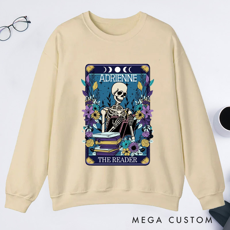 Personalized The Reader Classic Sweatshirts Skeleton Tarot Sweatshirt Bookish Sweatshirt with Name for Book Lover Gift Librarian Gift