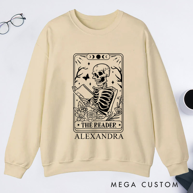 Personalized The Reader Tarot Card Classic Sweatshirts Skeleton Sweatshirt Bookish Sweatshirt with Name Book Lover Gift Librarian Gift Reader Gift
