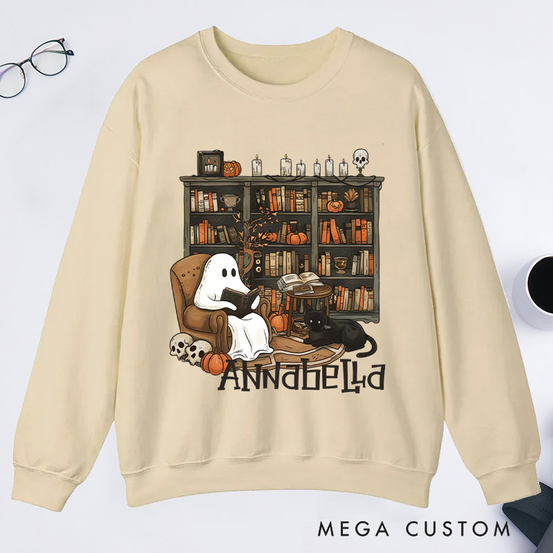 Personalized Retro Ghost Reading Books Classic Sweatshirts Book Lover Sweatshirt Halloween Sweatshirt Reading Gift Librarian Gift Book Lover Gift