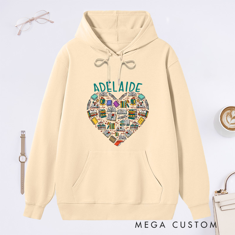 Personalized Books Heart Classic Hoodies Custom Book Lover Hoodies with Name Reading Hoodies Librarian Gift Book Lover Gift for Reader