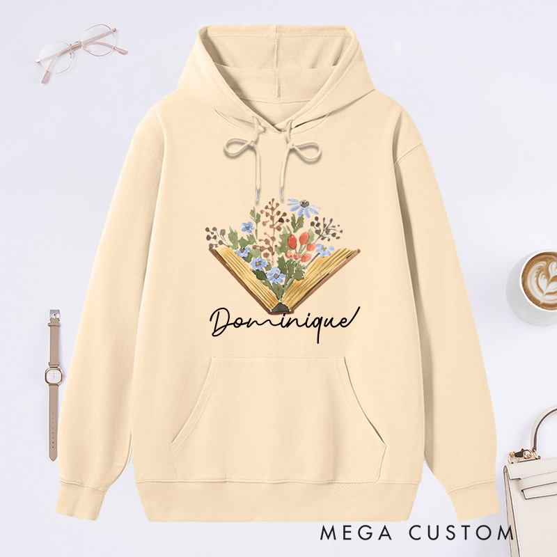 Personalized Flower Book Classic Hoodies Bookish Wildflower Hoodies Custom Book Lover Hoodies with Name Librarian Gift Reading Gift for Reader