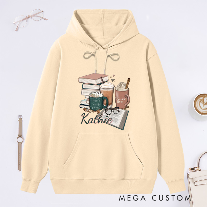 Personalized Coffee and Books Classic Hoodies Custom Book Lover Hoodies with Name Librarian Gift Book Lover Gift for Reader Gift