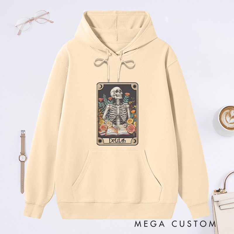Personalized The Reader Tarot Card Classic Hoodies Skeleton Reading Hoodies Custom Bookish Hoodies with Name Librarian Gift Book Lover Gift
