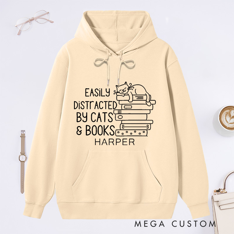 Personalized Easily Distracted By Cats And Books Classic Hoodies Book Lover Gift Funny Cat Hoodies