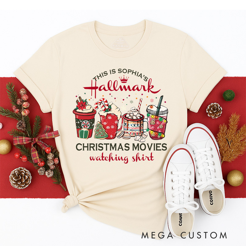 Personalized Coffee Christmas Movie Watching Shirt Classic T-Shirts Christmas Film Tshirt Movie Holiday Shirt