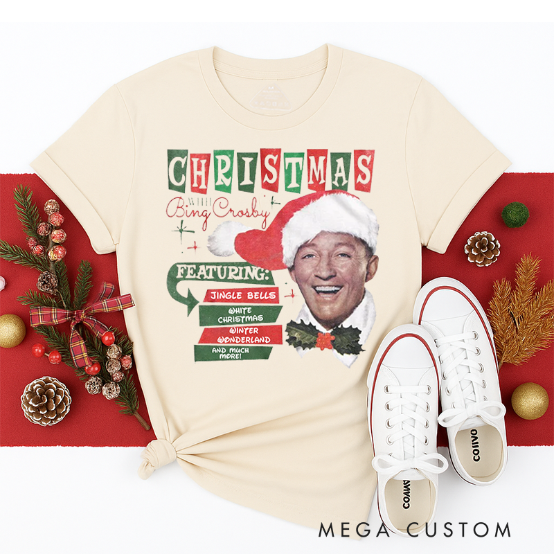 Personalized Classic T-Shirts Bing Crosby Christmas Hat and Songs White Tee