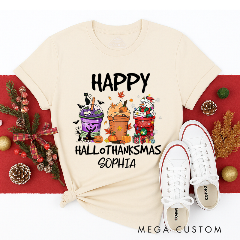 Personalized Classic T-Shirts Happy Hallothanksmas and Christmas Tee Coffee Pumpkin Spice Iced Tee