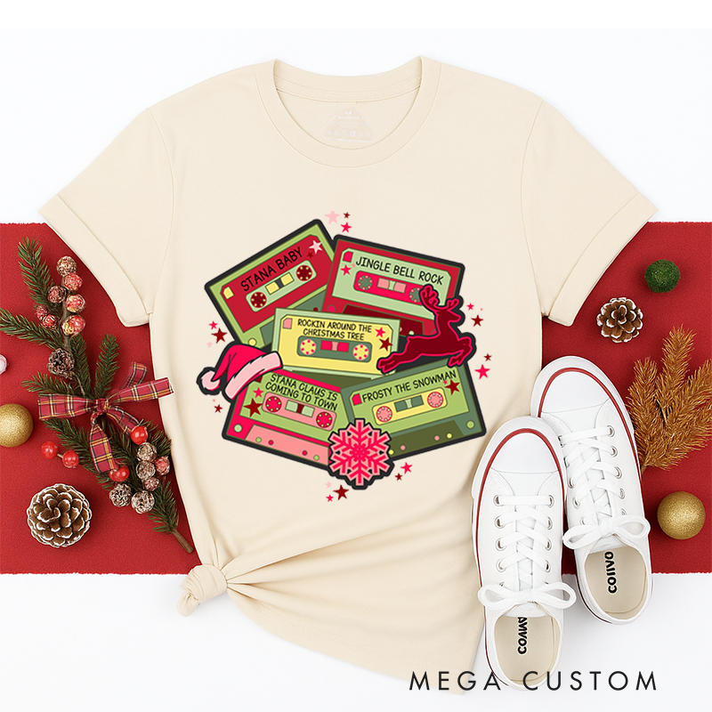 Personalized Classic T-Shirts Christmas Music Cassette Tapes Tee Christmas Songs and Party Tee Retro Music Cassette Tapes