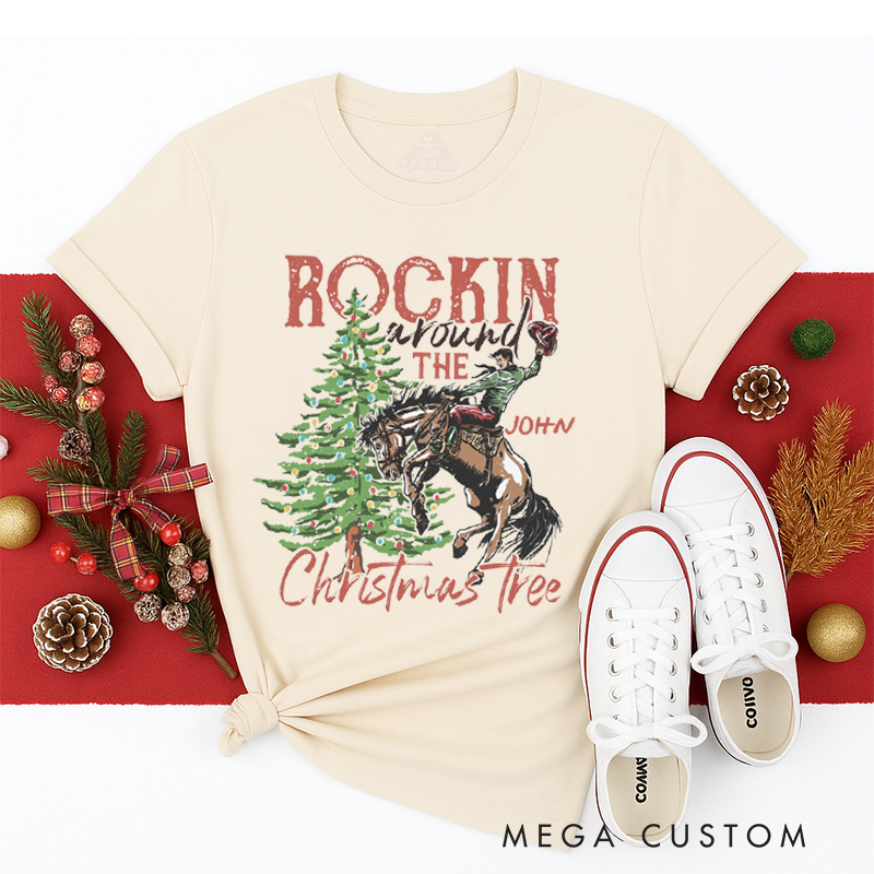 Personalized Classic T-Shirts Rocking Around the Christmas Tree Tee Retro Christmas Western Cowboy Christmas Tee