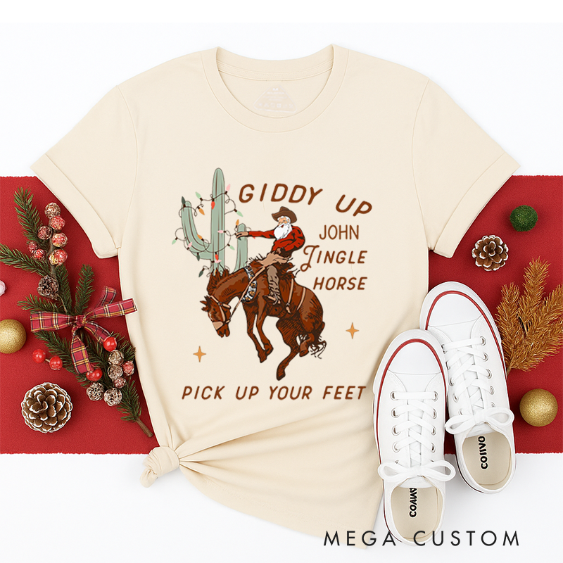 Personalized Classic T-Shirts Cowboy Christmas Tee Giddy Up Jingle Horse Pick Up Your Feet Howdy Country Christmas Horse Tee