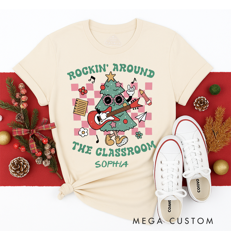 Personalized Classic T-Shirts Rockin Around the Classroom Christmas Tee