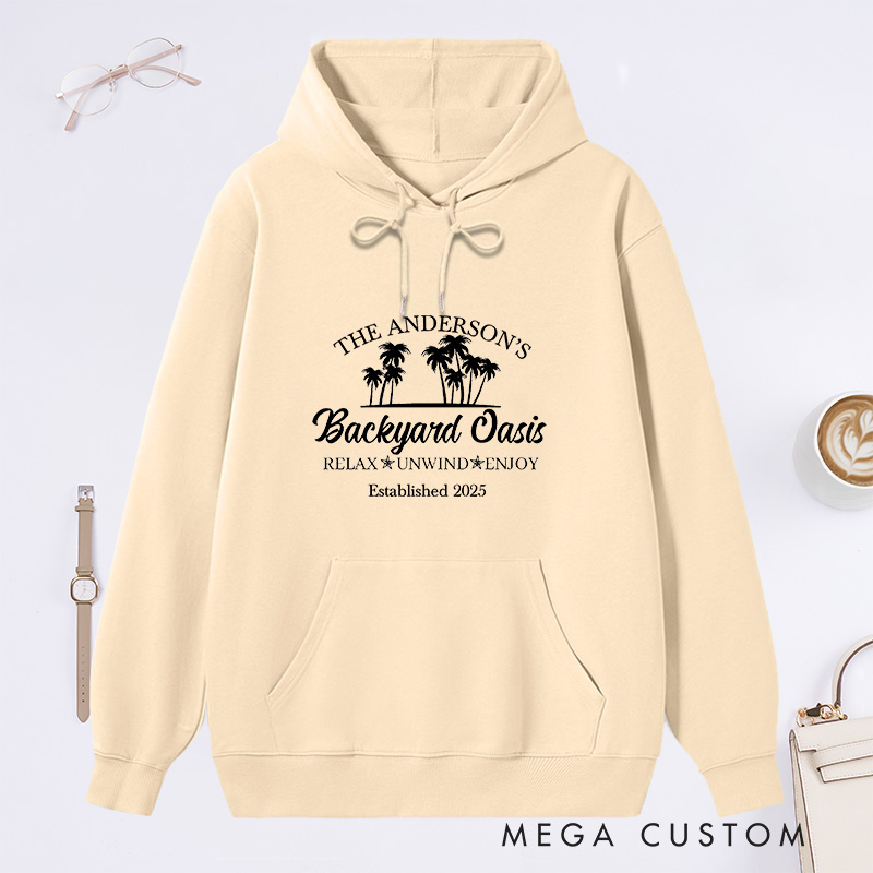 Personalized Hoodie Backyard Oasis Design Custom Family Name and Year Comfortable Christmas Sweatshirt for Housewarming Holiday Gift 