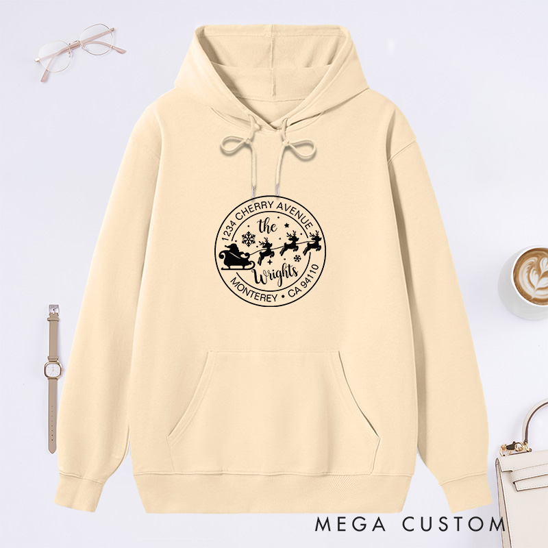 Personalized Family Christmas Name Sweatshirt Santa Sleigh and Reindeer Design Custom Hoodie Housewarming Holiday Gift