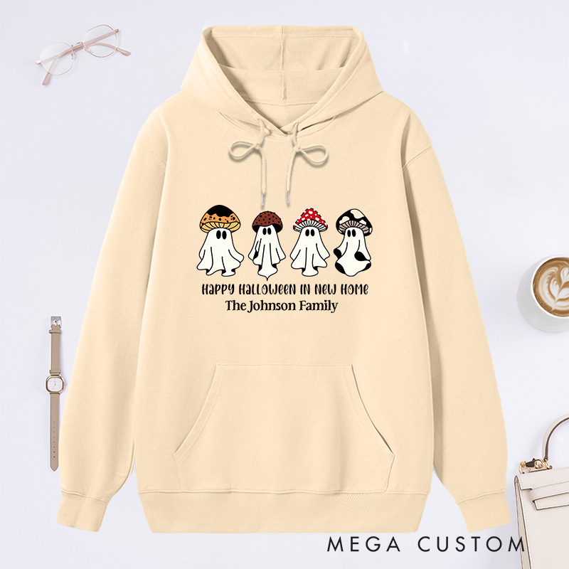 Personalized Hoodie Happy Halloween in New Home Design Custom Family Name Comfortable Sweatshirt for Housewarming Holiday Gift Halloween Theme